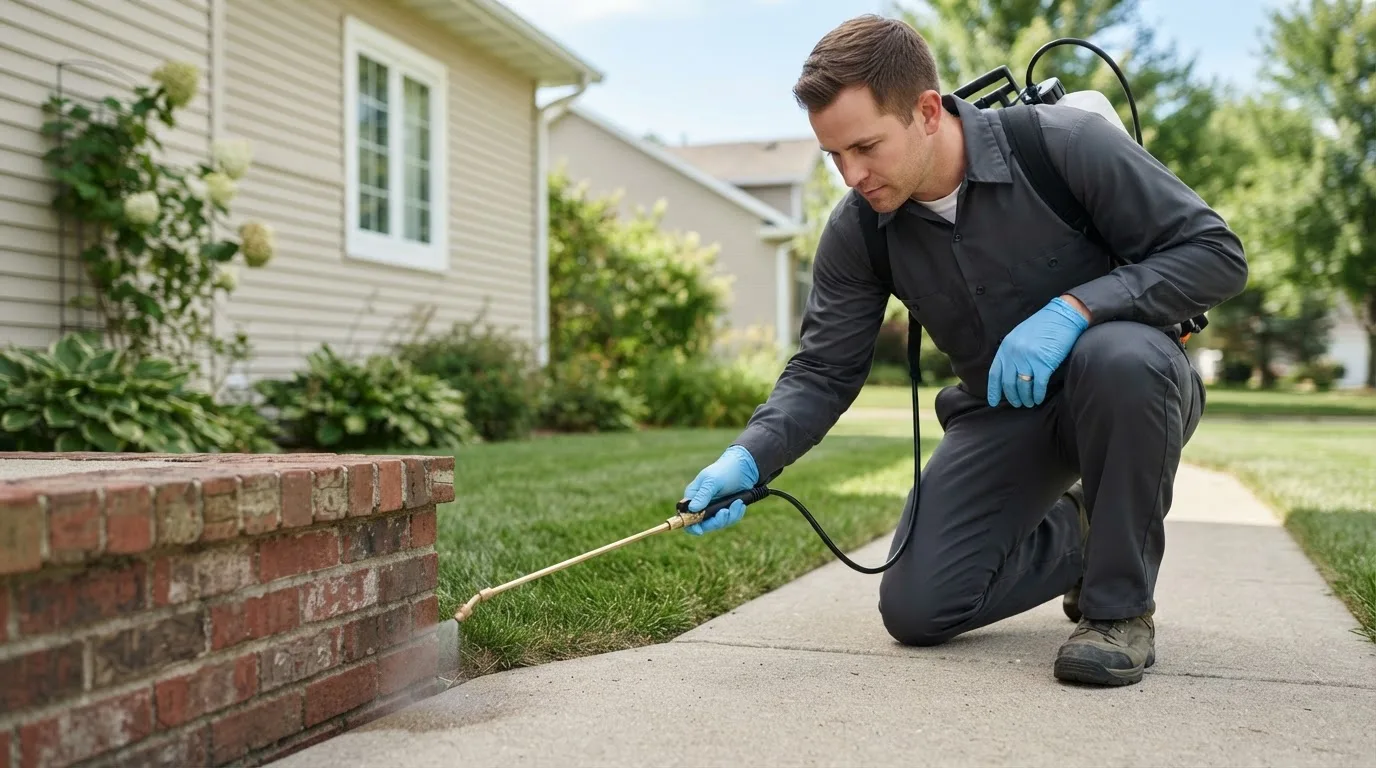 Pest control technician treating a home near Meriden, KS