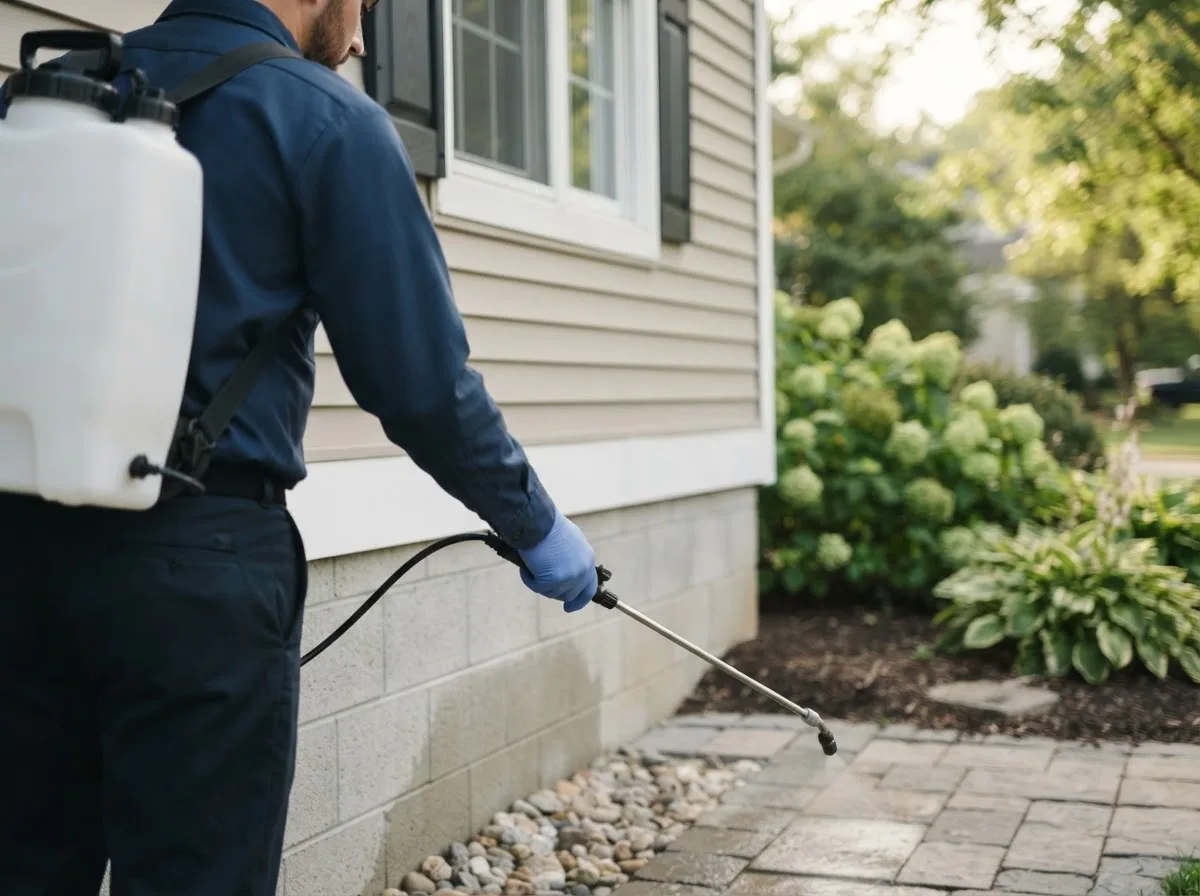 Pest control technician inspecting a home in Meriden, KS